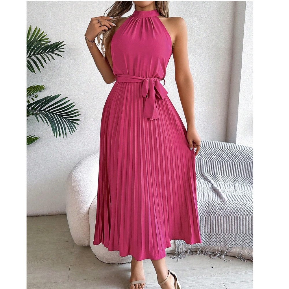 Classic Halter Neck Pleated Midi Dress - Picture 7 of 11
